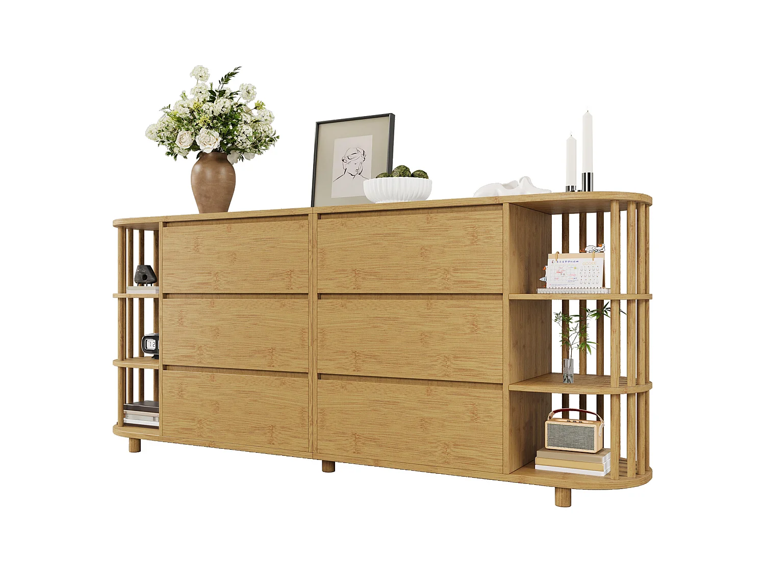 Buffet aspecto carvalho 160x40x75cm - com 6 gavetas - com prateleiras abertas - design românico - Natural