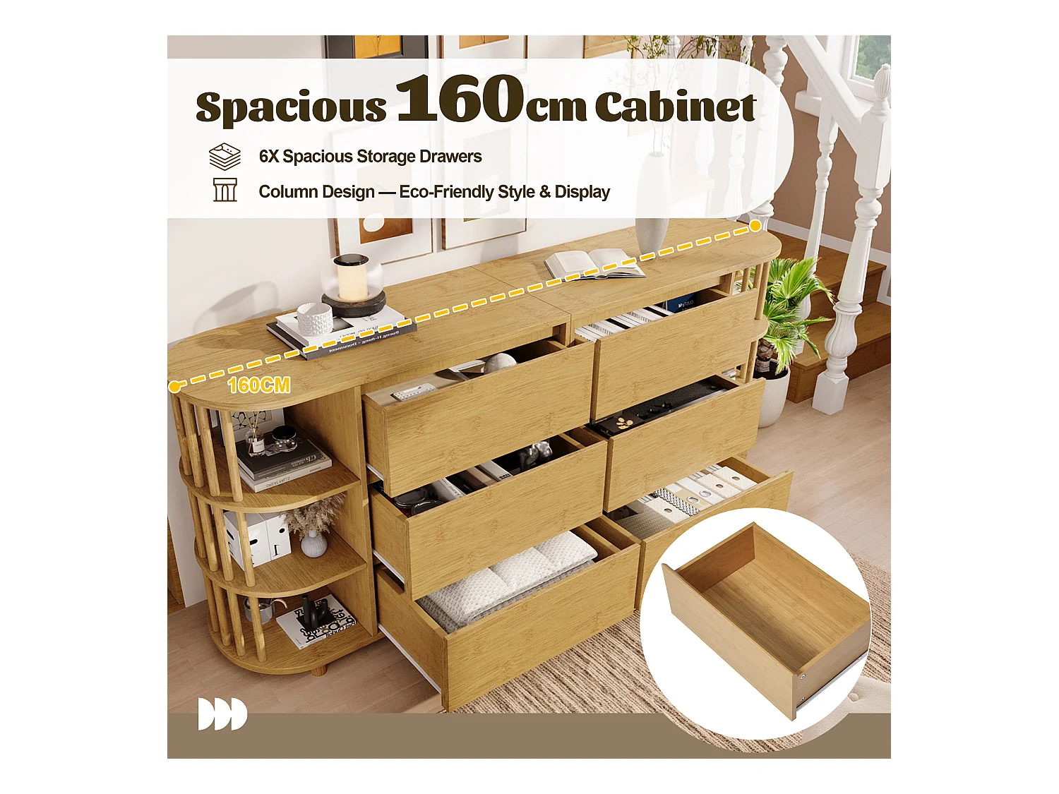 Buffet aspect chêne 160x40x75cm - avec 6 tiroirs - avec étagères ouvertes - conception romane - Naturel