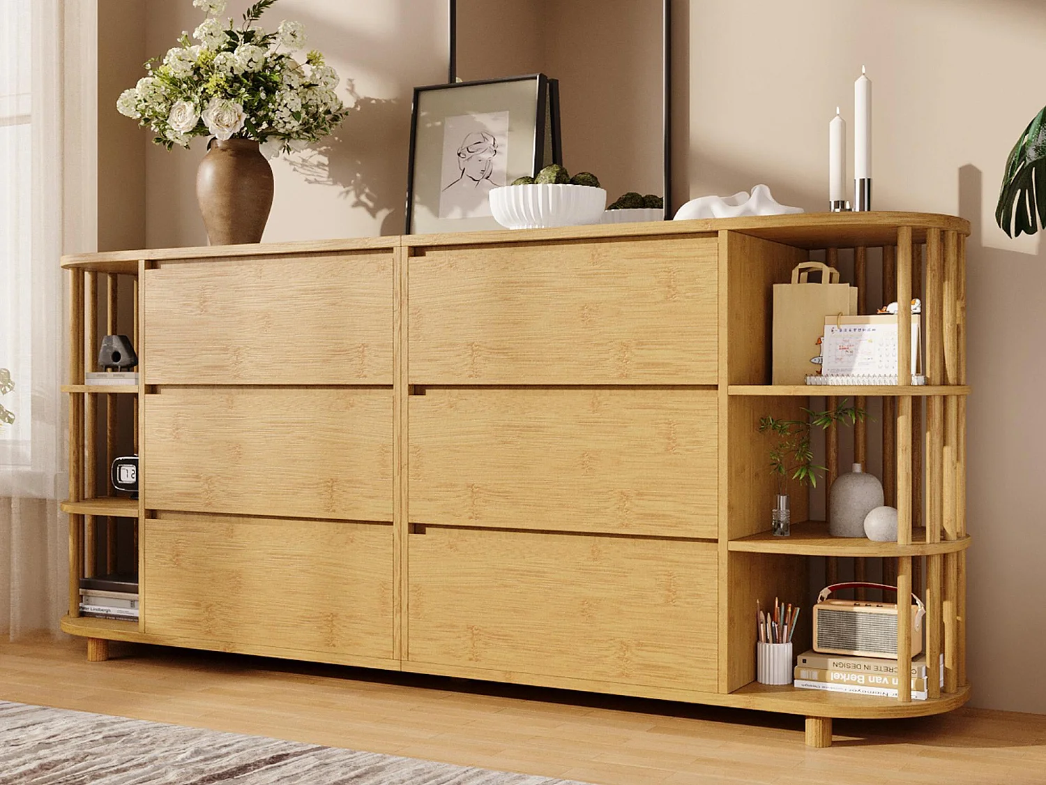 Buffet aspect chêne 160x40x75cm - avec 6 tiroirs - avec étagères ouvertes - conception romane - Naturel