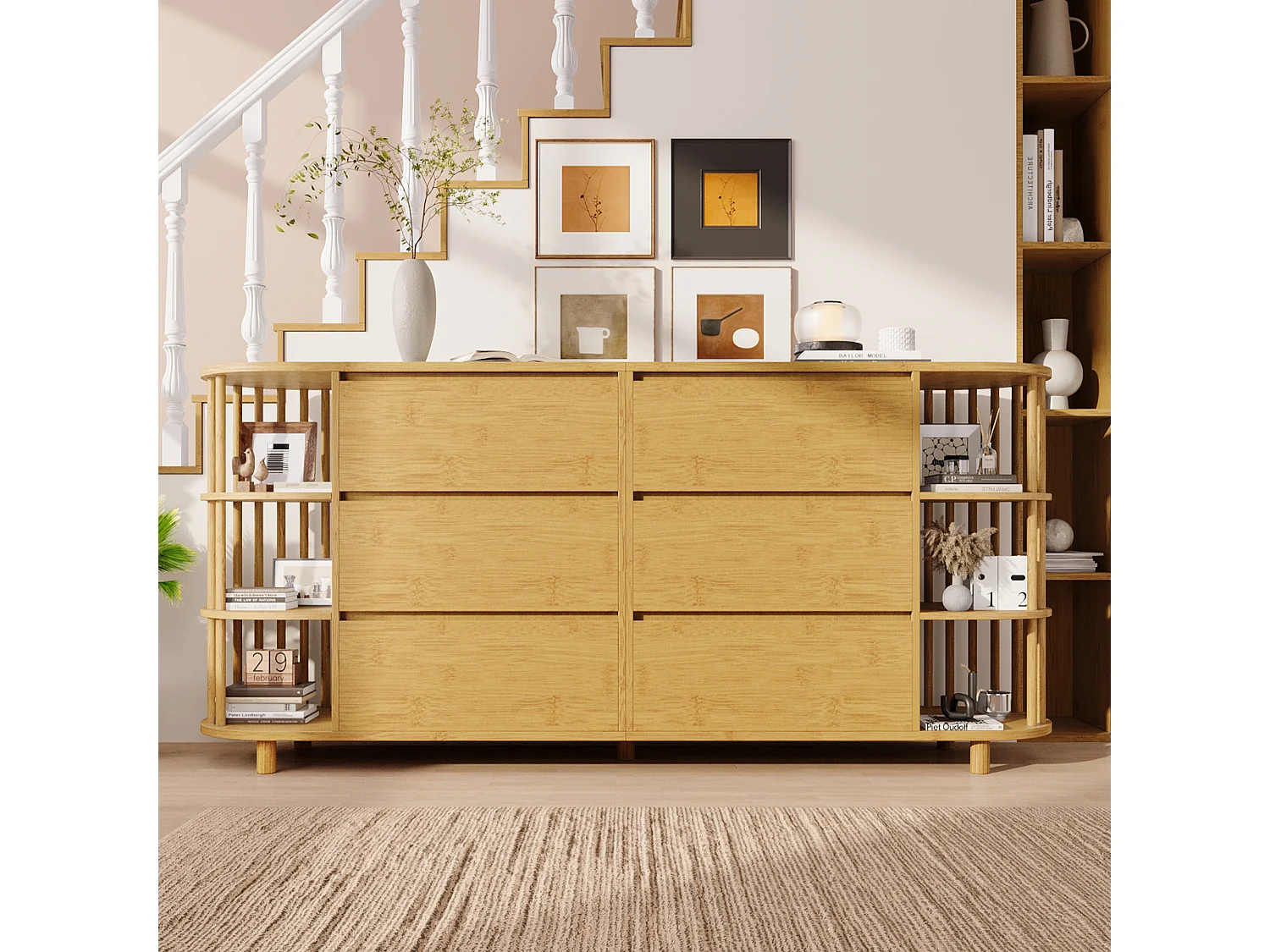 Buffet aspect chêne 160x40x75cm - avec 6 tiroirs - avec étagères ouvertes - conception romane - Naturel