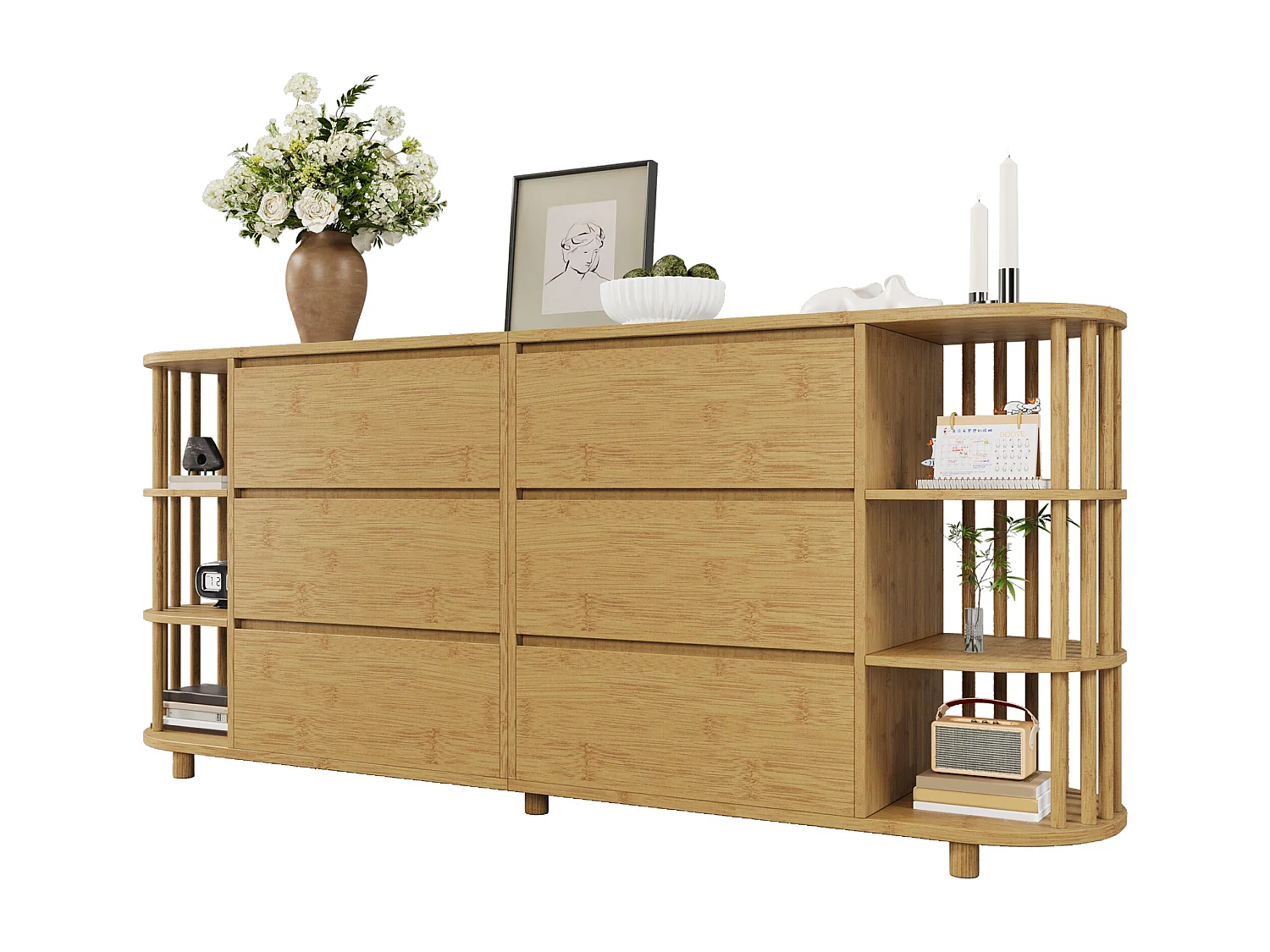 Buffet aspect chêne 160x40x75cm - avec 6 tiroirs - avec étagères ouvertes - conception romane - Naturel