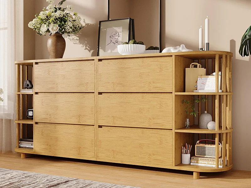 Buffet in Eichen-Optik 160x40x75cm - mit 6 Schubladen - mit offenen Regalen - romanisches Design - Natur