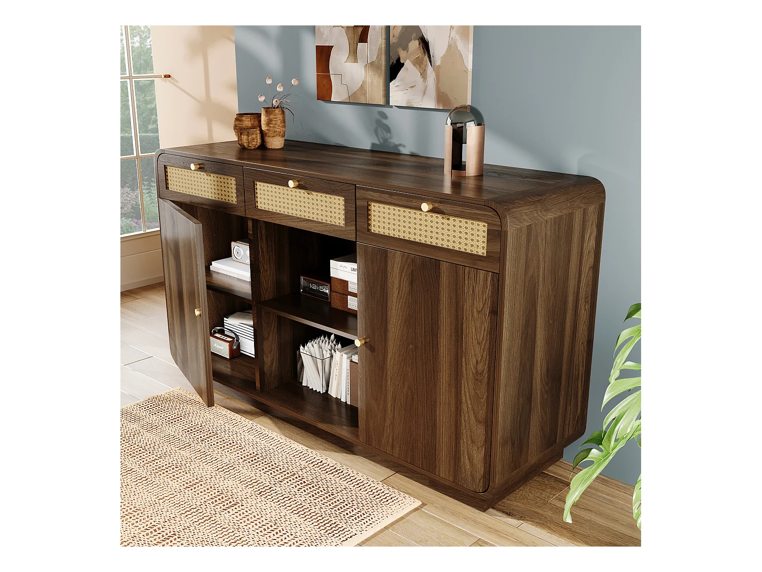 Buffet in Nussbaum-Optik 120x40x85cm - mit 2 Türen und 3 Rattan-Schubladen - offene Fächer - Nussbaum