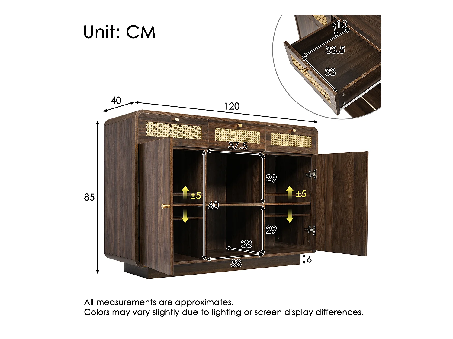 Buffet in Nussbaum-Optik 120x40x85cm - mit 2 Türen und 3 Rattan-Schubladen - offene Fächer - Nussbaum