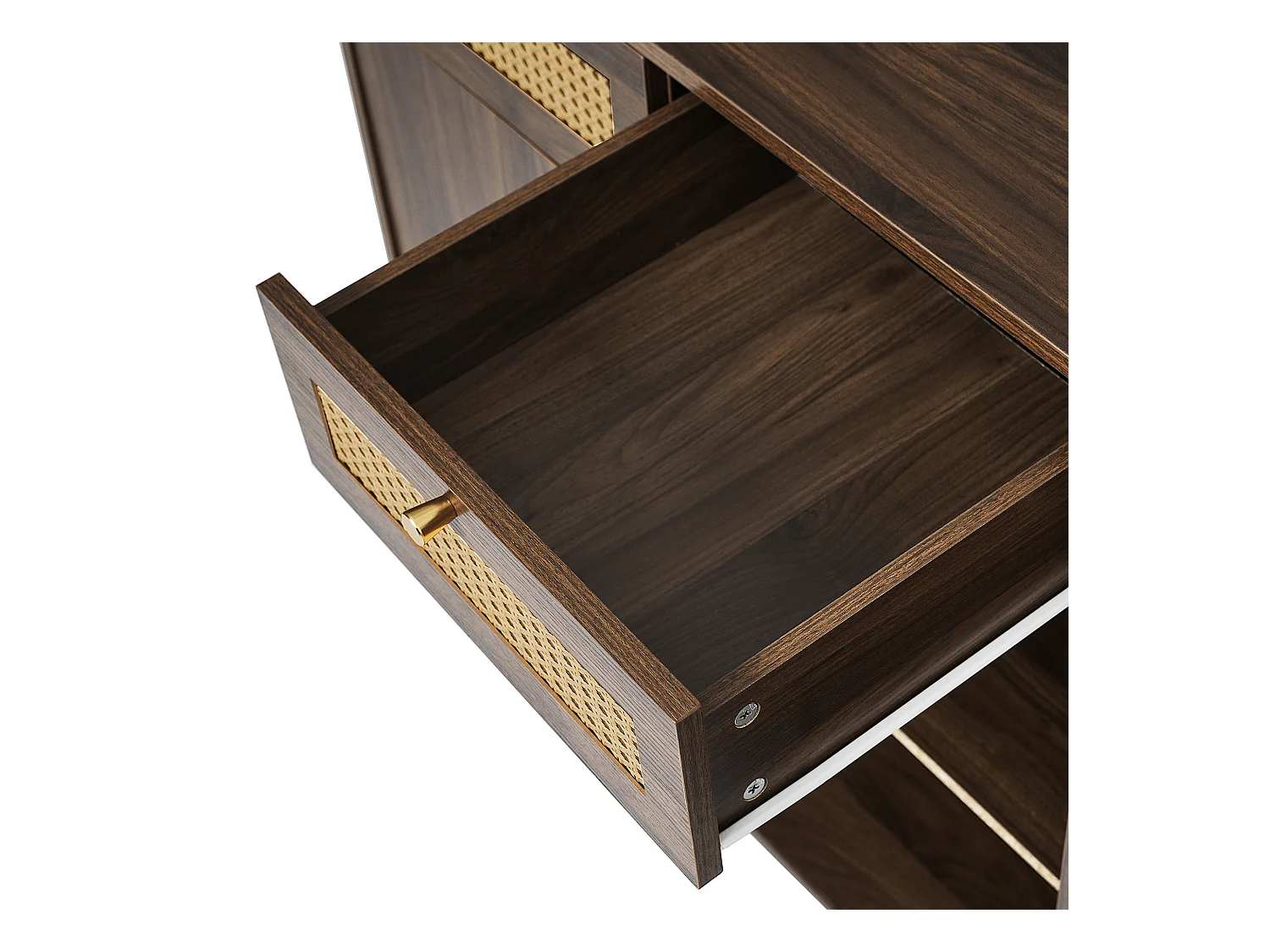 Buffet w stylu orzecha 120x40x85cm - z 2 drzwiami i 3 szufladami z rattanu - otwarte przegródki - Orzech