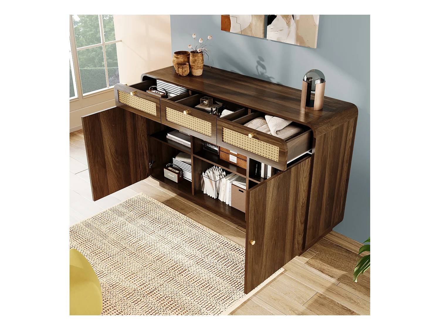 Buffet w stylu orzecha 120x40x85cm - z 2 drzwiami i 3 szufladami z rattanu - otwarte przegródki - Orzech