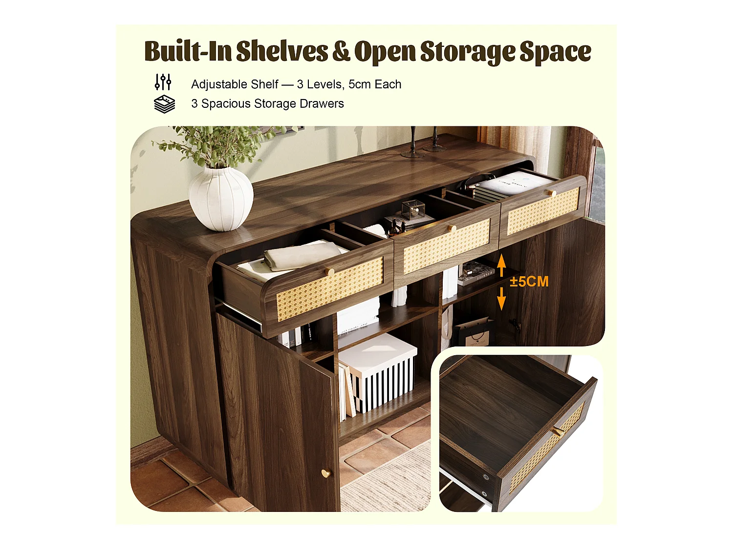 Buffet w stylu orzecha 120x40x85cm - z 2 drzwiami i 3 szufladami z rattanu - otwarte przegródki - Orzech