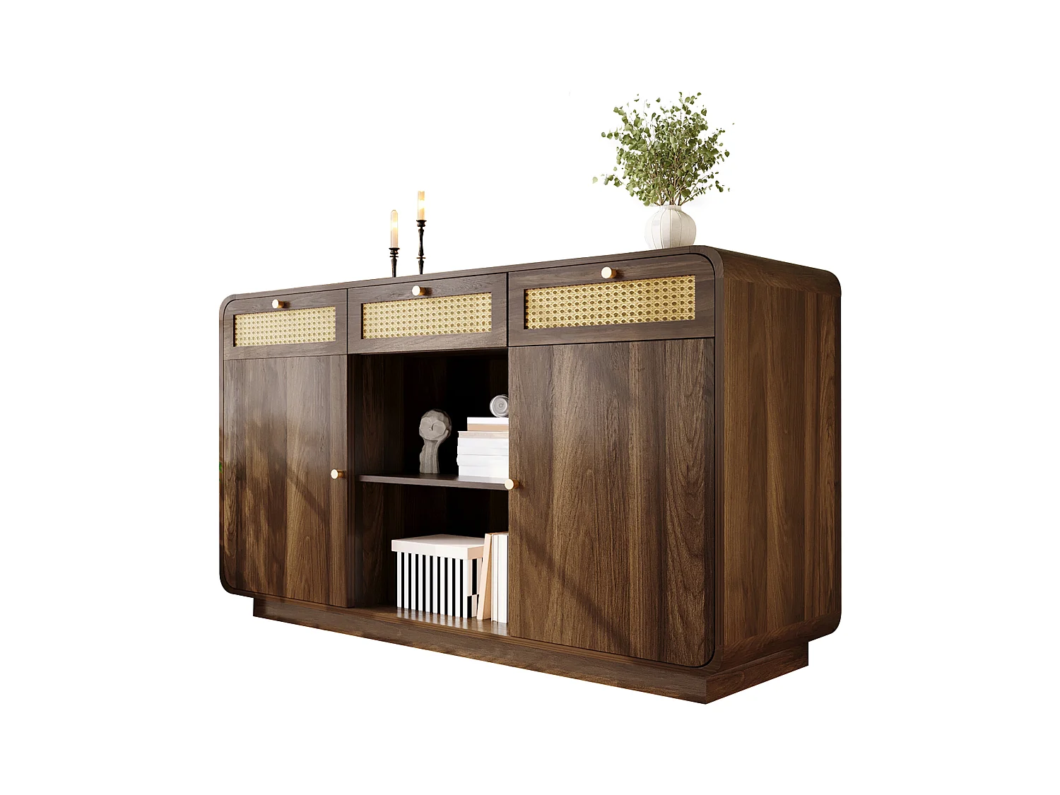 Buffet w stylu orzecha 120x40x85cm - z 2 drzwiami i 3 szufladami z rattanu - otwarte przegródki - Orzech