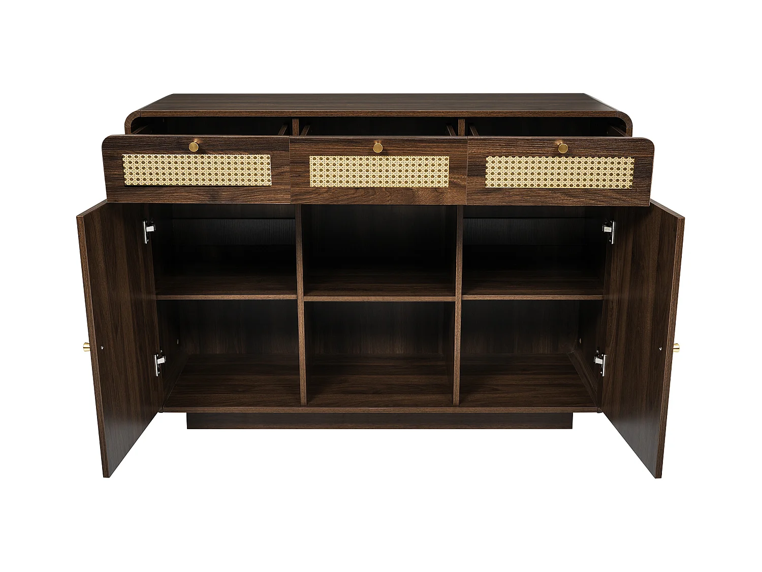Buffet w stylu orzecha 120x40x85cm - z 2 drzwiami i 3 szufladami z rattanu - otwarte przegródki - Orzech