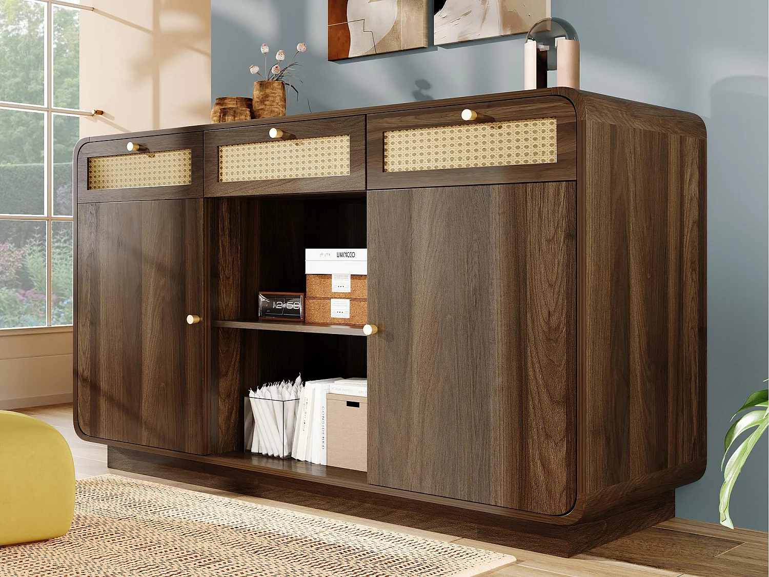 Buffet in Nussbaum-Optik 120x40x85cm - mit 2 Türen und 3 Rattan-Schubladen - offene Fächer - Nussbaum