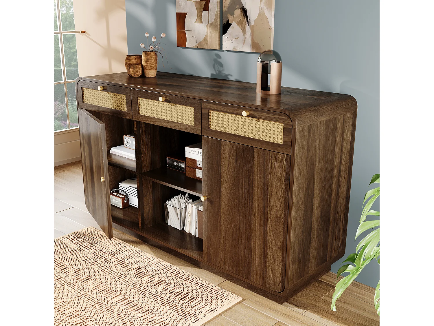 Buffet in Nussbaum-Optik 120x40x85cm - mit 2 Türen und 3 Rattan-Schubladen - offene Fächer - Nussbaum