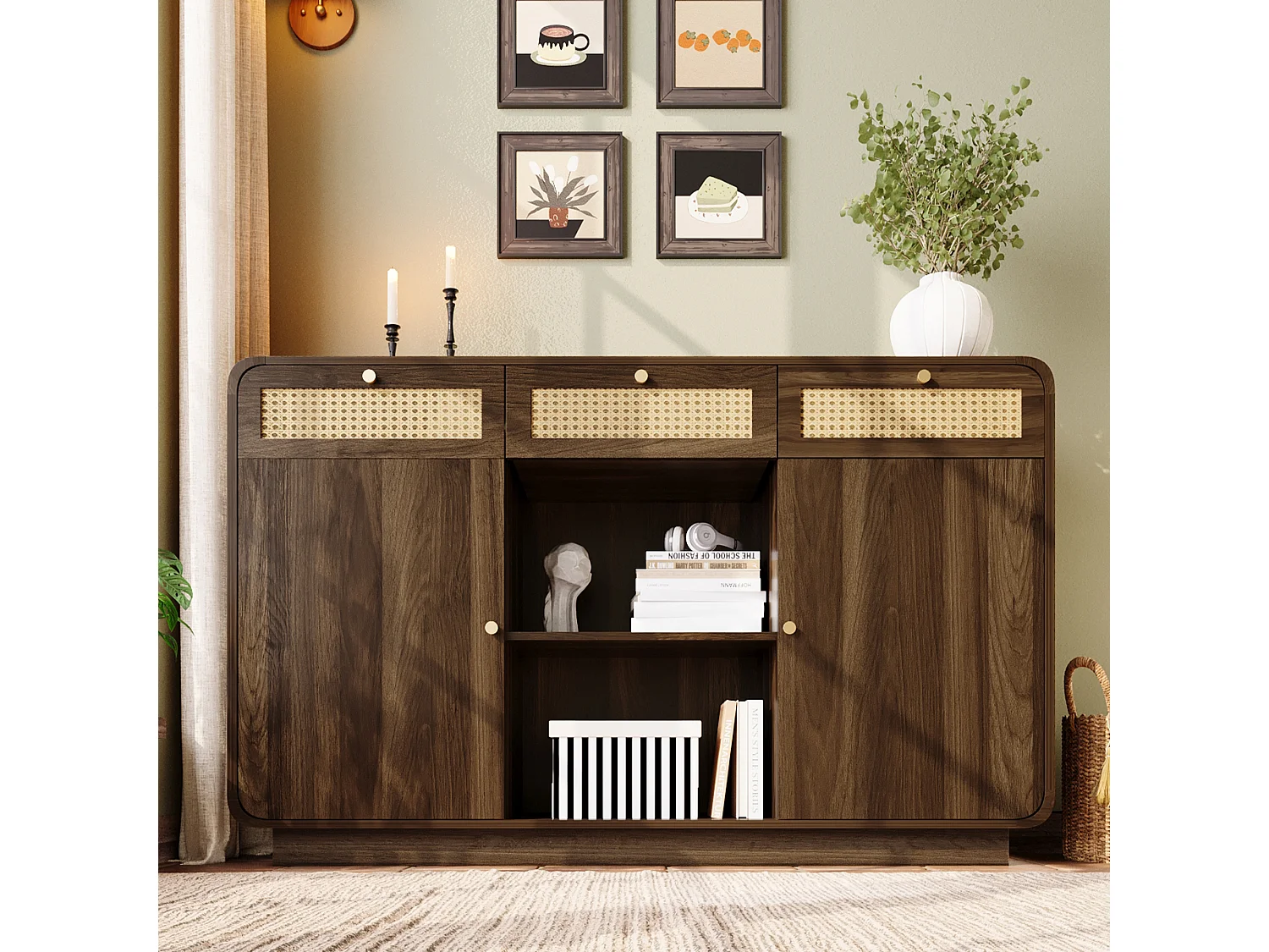 Buffet in Nussbaum-Optik 120x40x85cm - mit 2 Türen und 3 Rattan-Schubladen - offene Fächer - Nussbaum