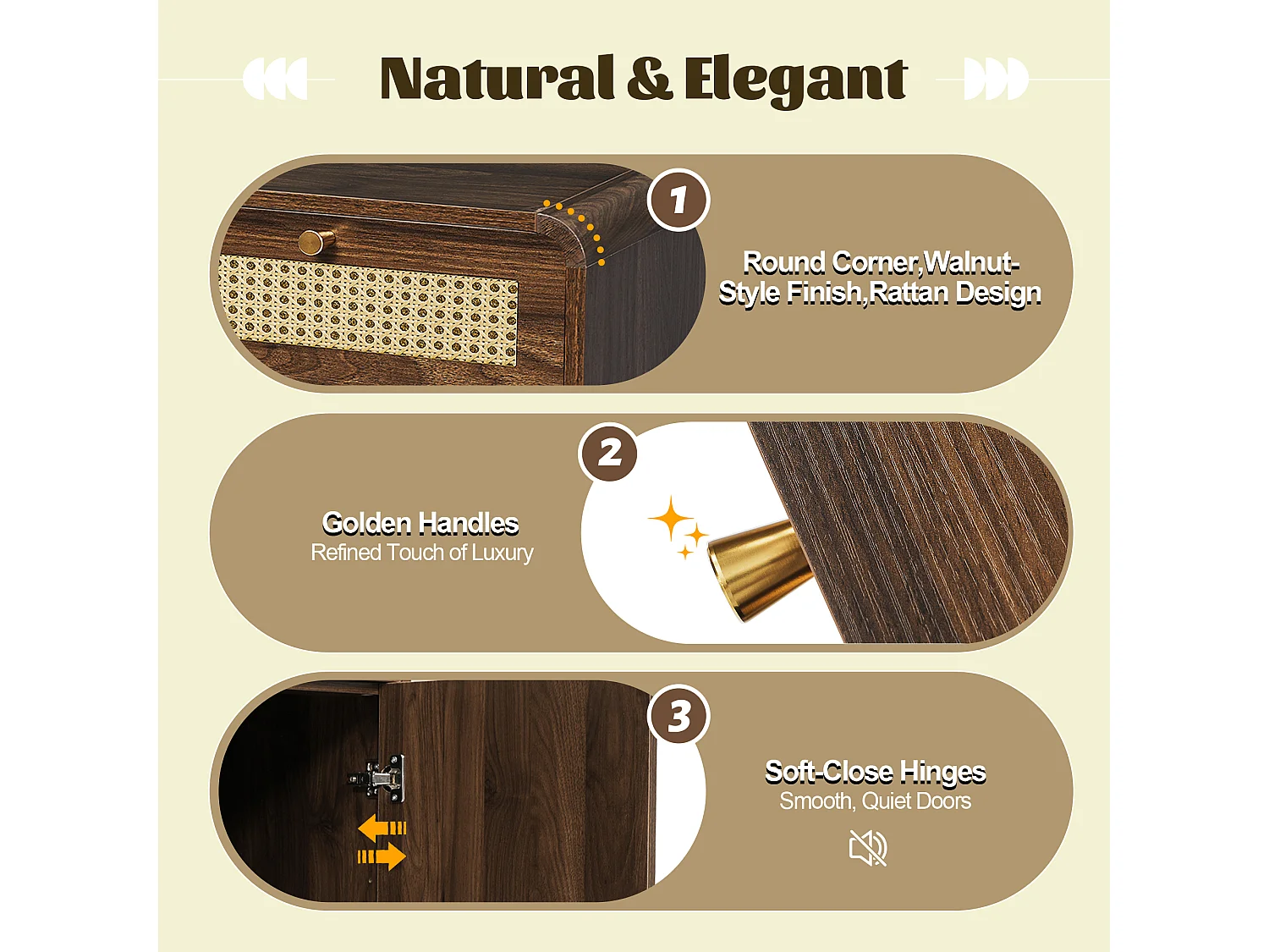 Buffet in Nussbaum-Optik 120x40x85cm - mit 2 Türen und 3 Rattan-Schubladen - offene Fächer - Nussbaum