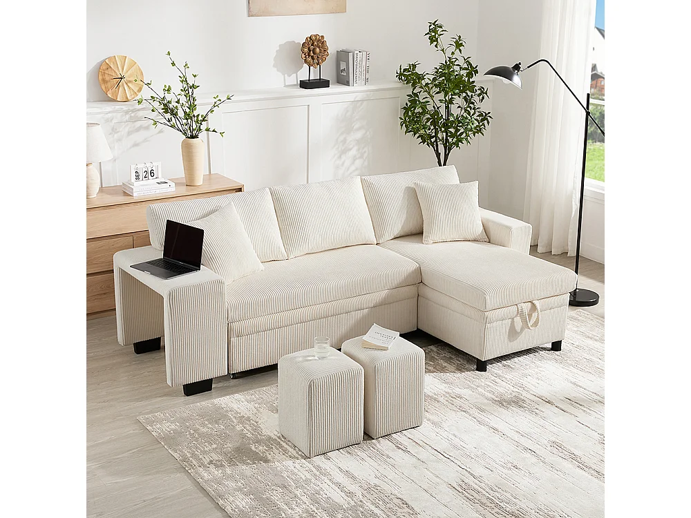 Canapé d'angle convertible en L avec ports de recharge USB et coussins, avec étagères de rangement latérales, beige