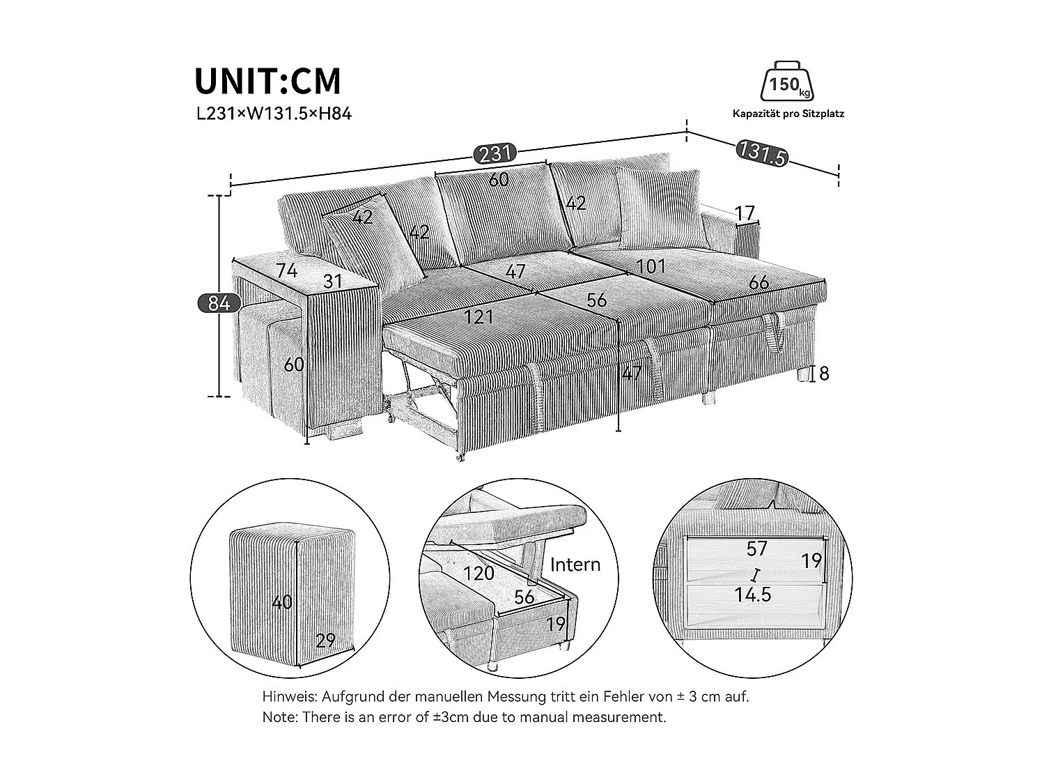 Canapé d'angle convertible en L avec ports de recharge USB et coussins, avec étagères de rangement latérales, beige
