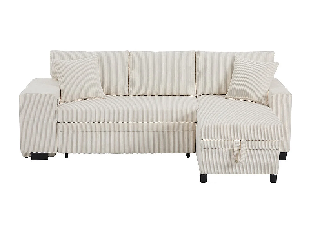 Canapé d'angle convertible en L avec ports de recharge USB et coussins, avec étagères de rangement latérales, beige