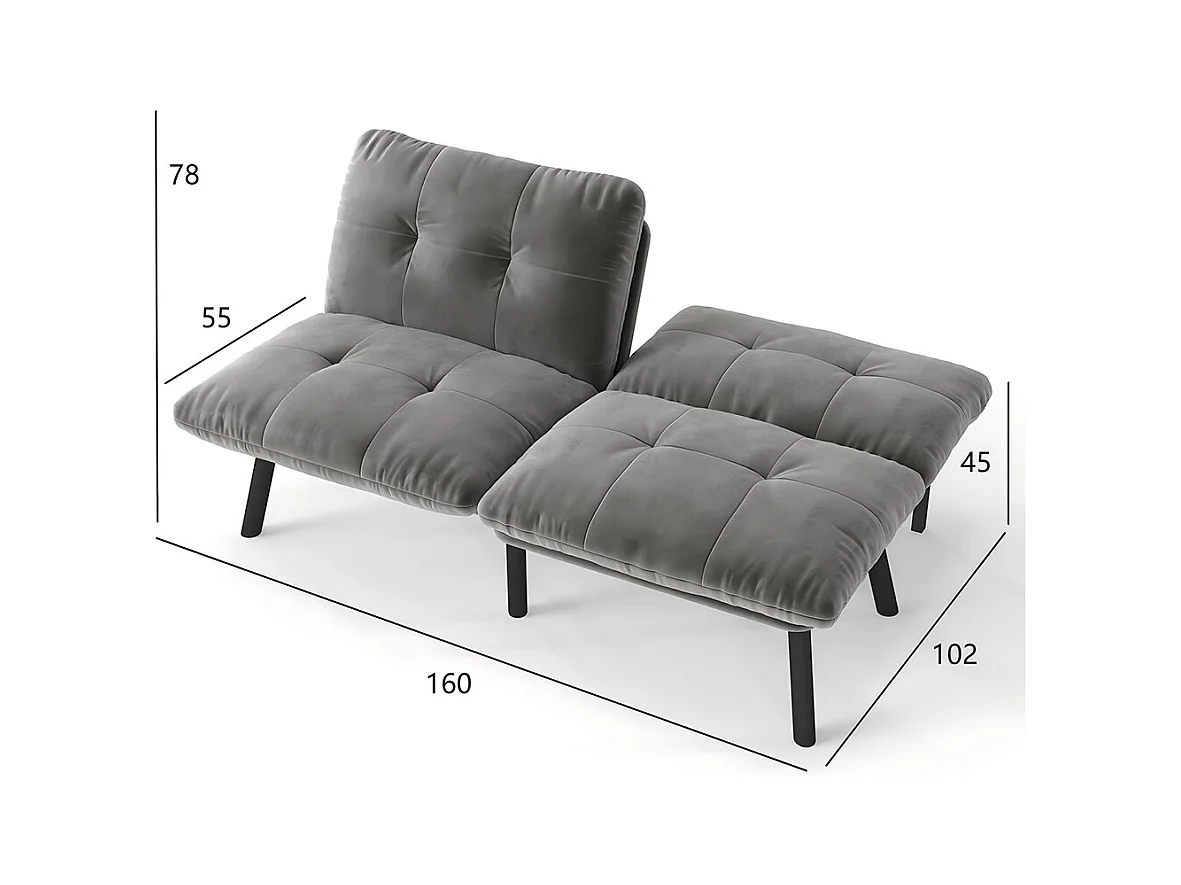 Canapé-lit pliable, 2 places, avec fonction couchage, gris