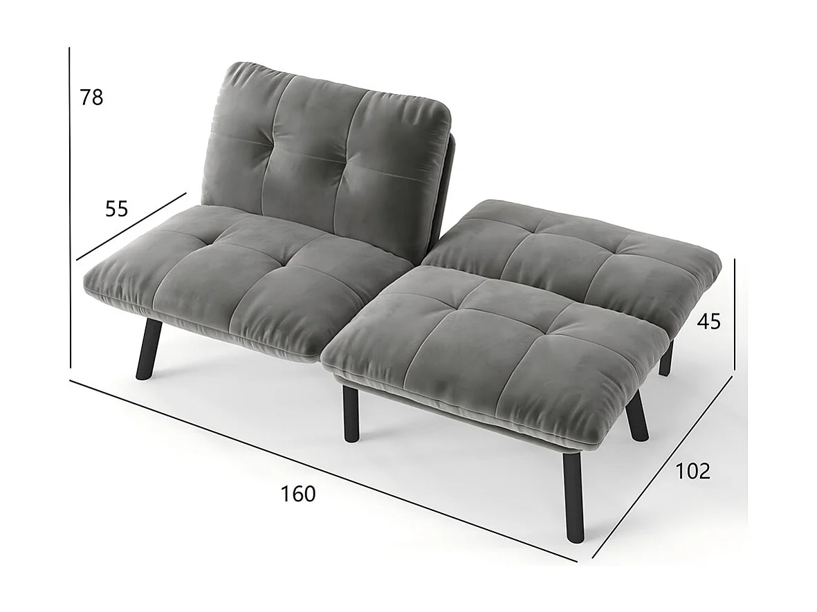 Canapé-lit pliable, 2 places, avec fonction couchage, gris