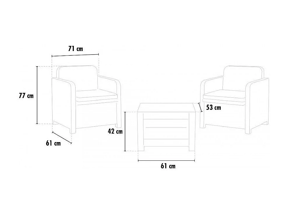 Set rattan giardino 2 poltrone con tavolino