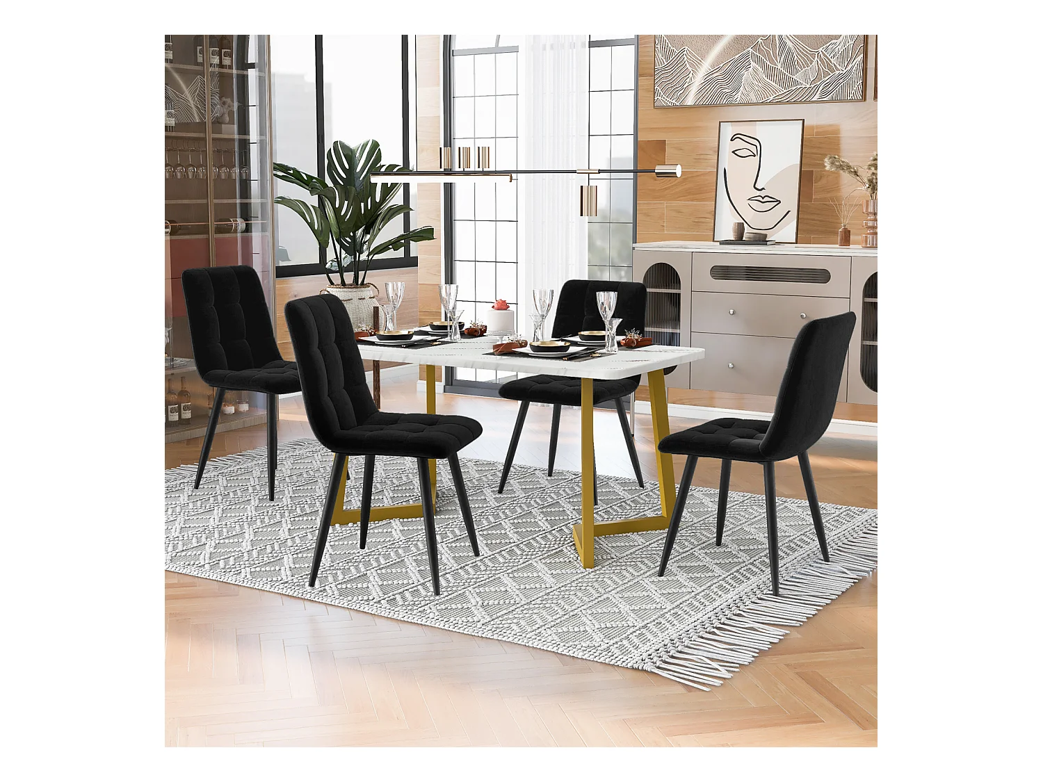 Juego de comedor de 5 piezas: mesa rectangular moderna de 117 cm con tablero de MDF y 4 sillas de terciopelo negro con elegantes patas doradas.