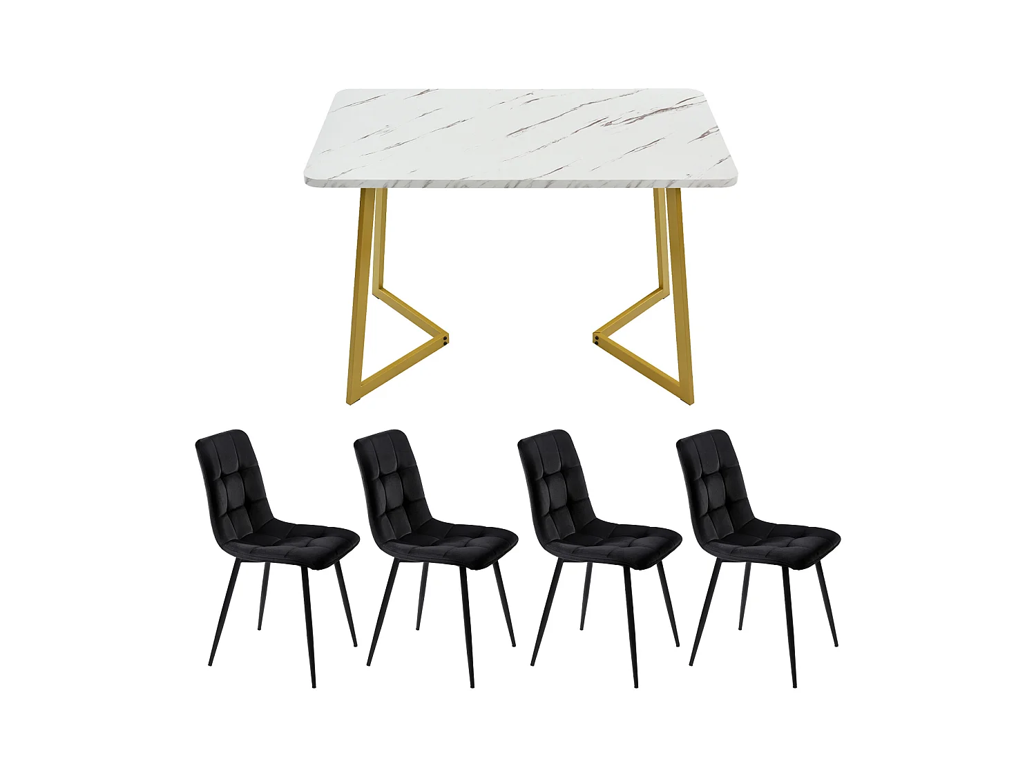 Juego de comedor de 5 piezas: mesa rectangular moderna de 117 cm con tablero de MDF y 4 sillas de terciopelo negro con elegantes patas doradas.