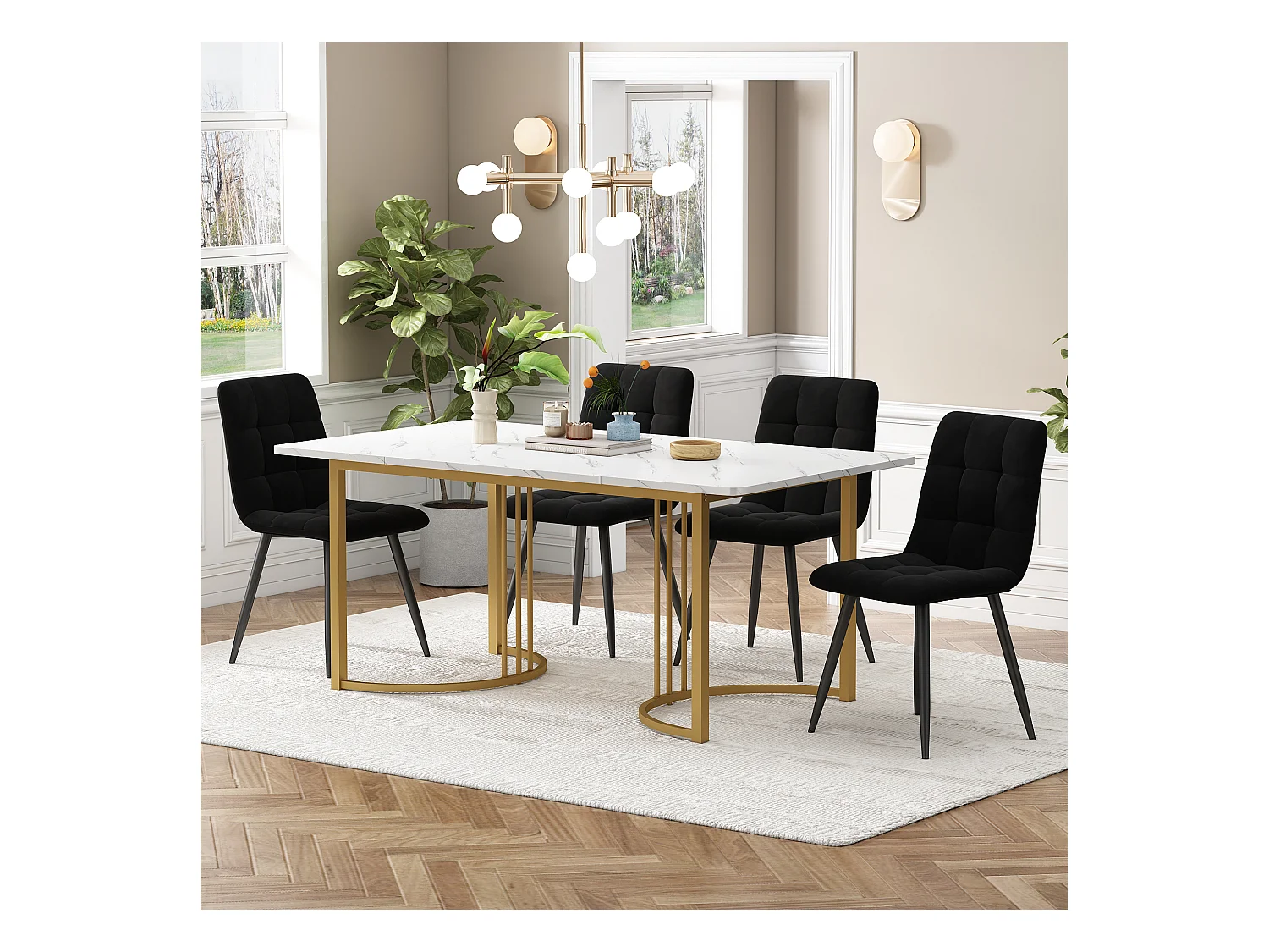 Set da pranzo 5 pezzi: tavolo 140×80 cm con piano in MDF bianco e gambe in metallo dorato + 4 sedie in velluto nero, design moderno