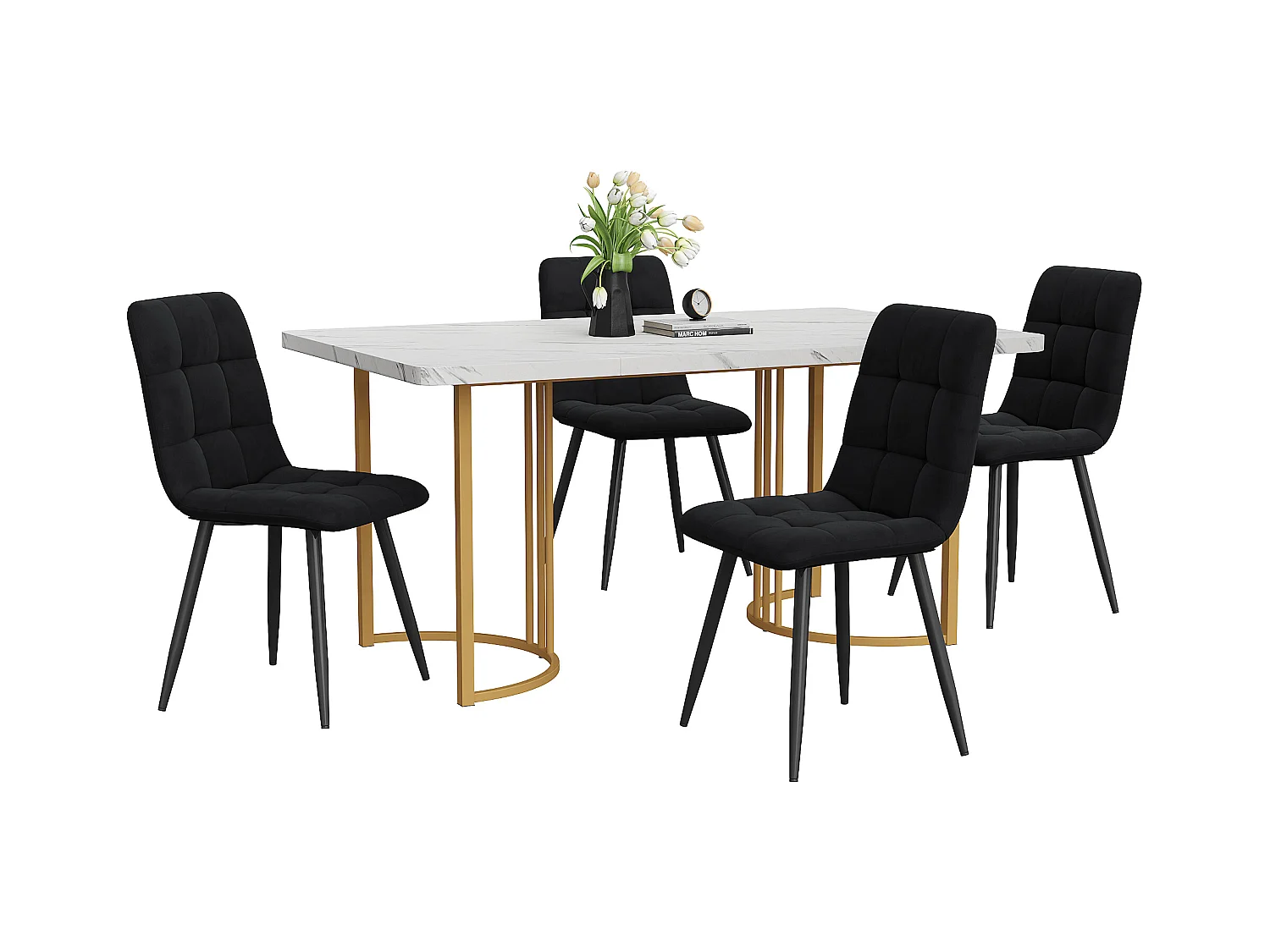 Set da pranzo 5 pezzi: tavolo 140×80 cm con piano in MDF bianco e gambe in metallo dorato + 4 sedie in velluto nero, design moderno