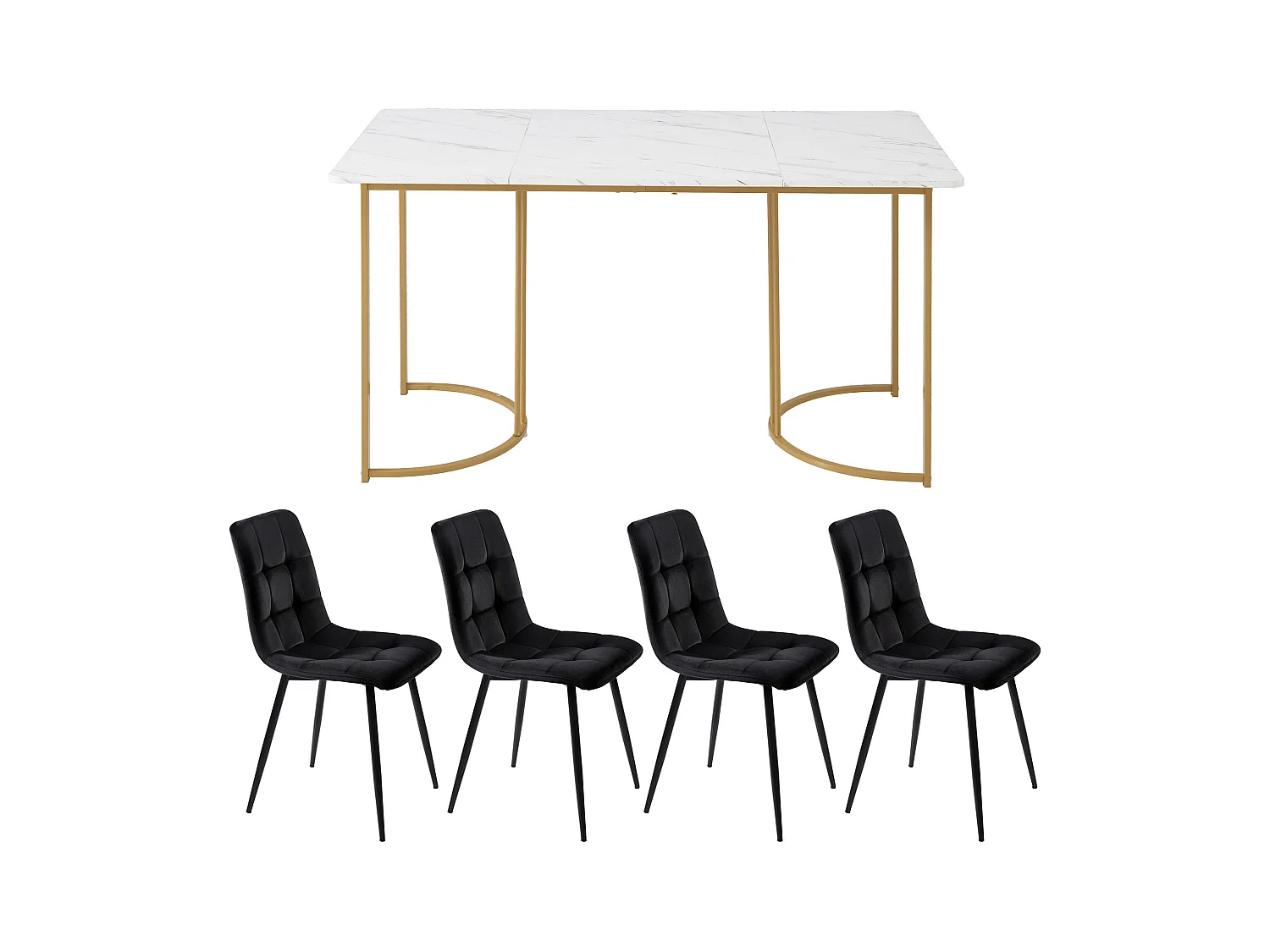 Set da pranzo 5 pezzi: tavolo 140×80 cm con piano in MDF bianco e gambe in metallo dorato + 4 sedie in velluto nero, design moderno