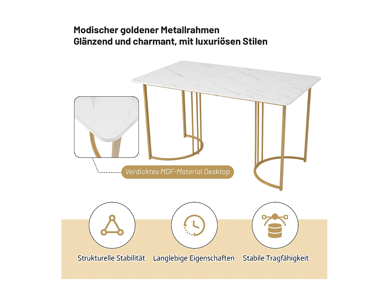 Set da pranzo 5 pezzi: tavolo 140×80 cm con piano in MDF bianco e gambe in metallo dorato + 4 sedie in velluto nero, design moderno