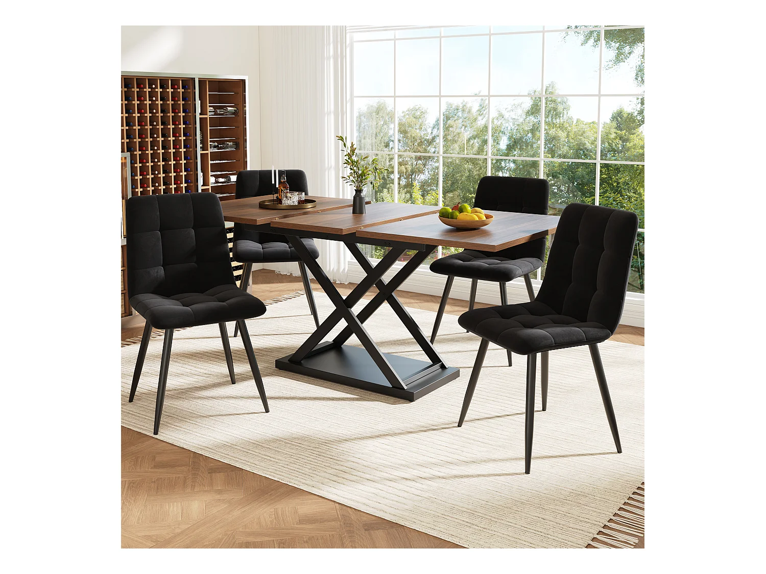 Set da pranzo 5 pezzi – Tavolo allungabile 160×80×75 cm color noce con 4 sedie in velluto nero, design moderno per 4 persone