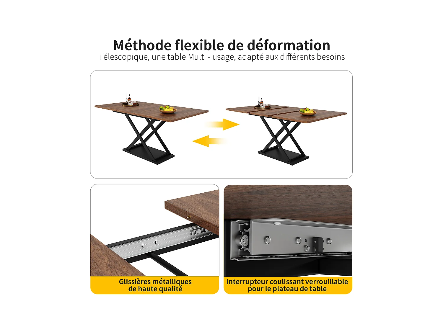 Set da pranzo 5 pezzi – Tavolo allungabile 160×80×75 cm color noce con 4 sedie in velluto nero, design moderno per 4 persone