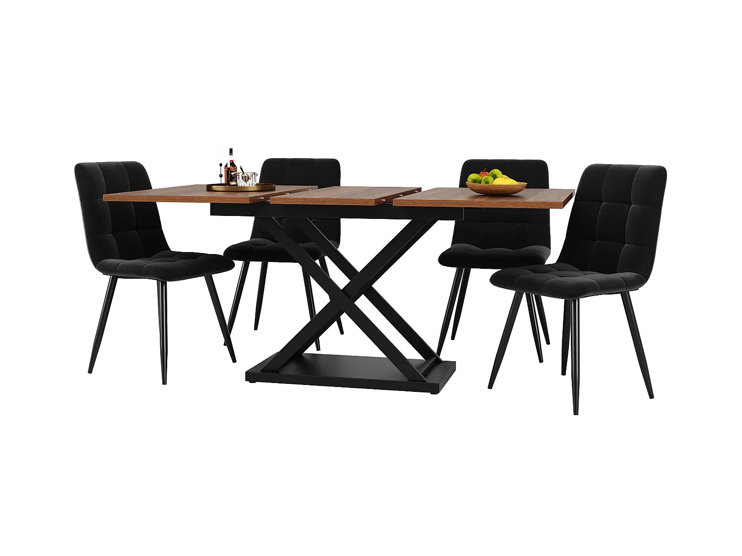 Set da pranzo 5 pezzi – Tavolo allungabile 160×80×75 cm color noce con 4 sedie in velluto nero, design moderno per 4 persone