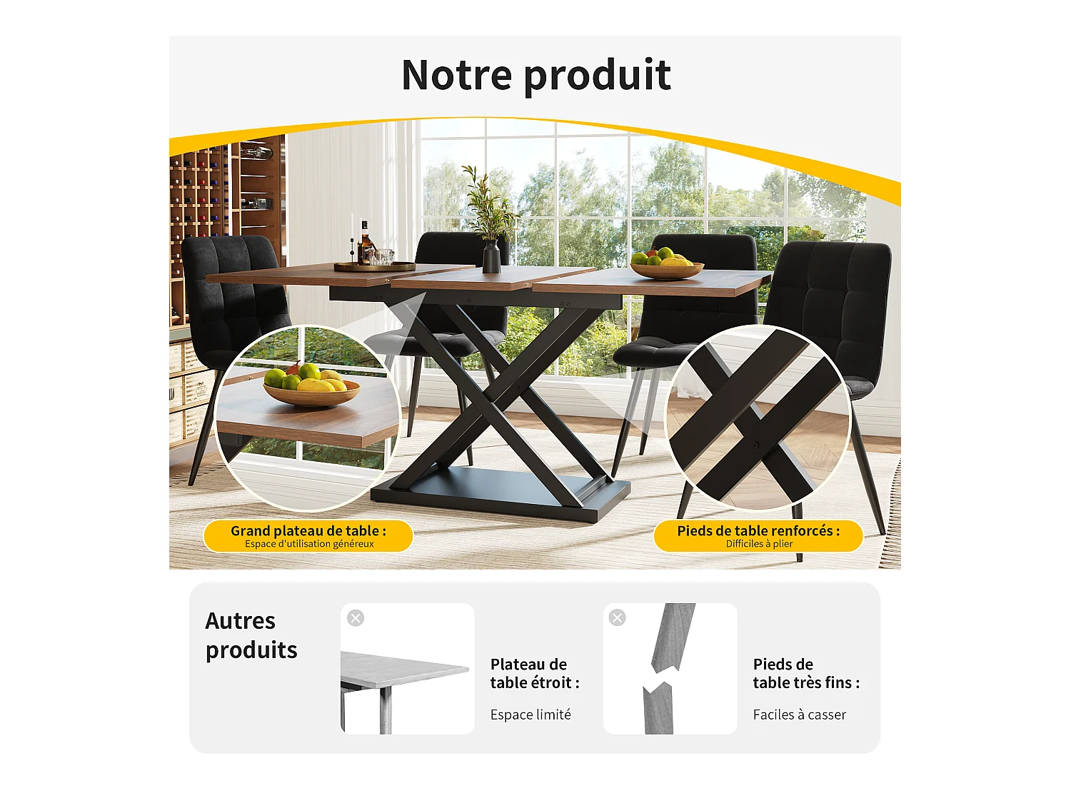 Ensemble Salle à Manger 5 Pièces – Table Extensible 160×80×75 cm Couleur Noyer avec 4 Chaises en Velours Noir, Design Moderne pour 4 Personnes