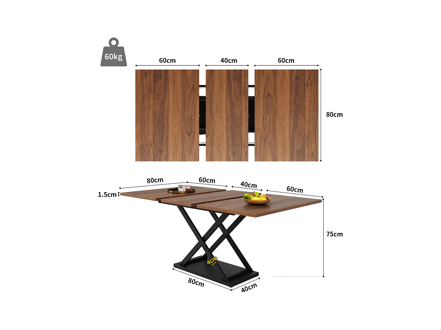 Ensemble Salle à Manger 5 Pièces – Table Extensible 160×80×75 cm Couleur Noyer avec 4 Chaises en Velours Noir, Design Moderne pour 4 Personnes