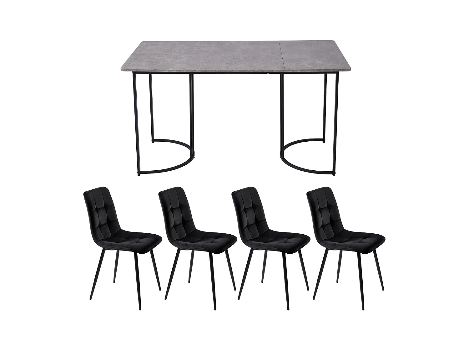 Conjunto de comedor de 5 piezas: mesa de 140×80 cm con tablero de MDF gris y patas de metal negro + 4 sillas de terciopelo negro, diseño moderno.