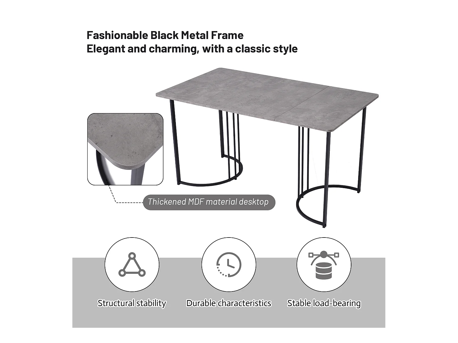 Conjunto de comedor de 5 piezas: mesa de 140×80 cm con tablero de MDF gris y patas de metal negro + 4 sillas de terciopelo negro, diseño moderno.