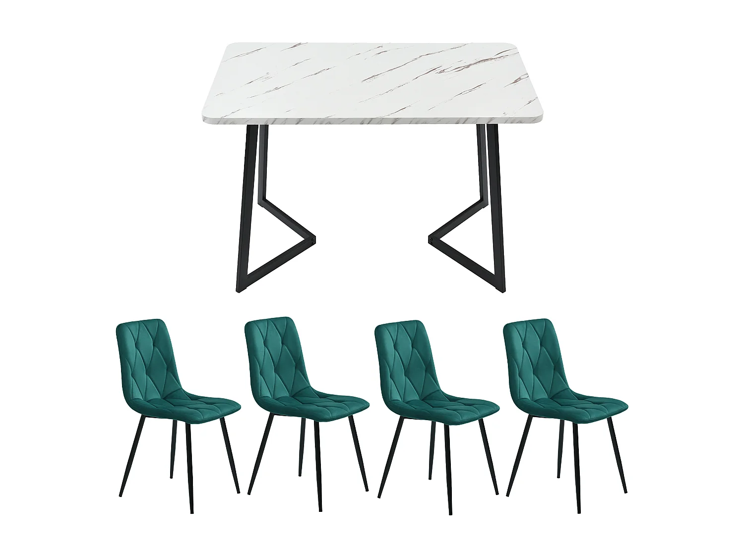 Essgruppe 5-teilig – Moderner Rechteckiger Esstisch 117×68 cm mit 4 Esszimmerstühlen aus Twill Samt Dunkelgrün, Schwarze Tischbeine