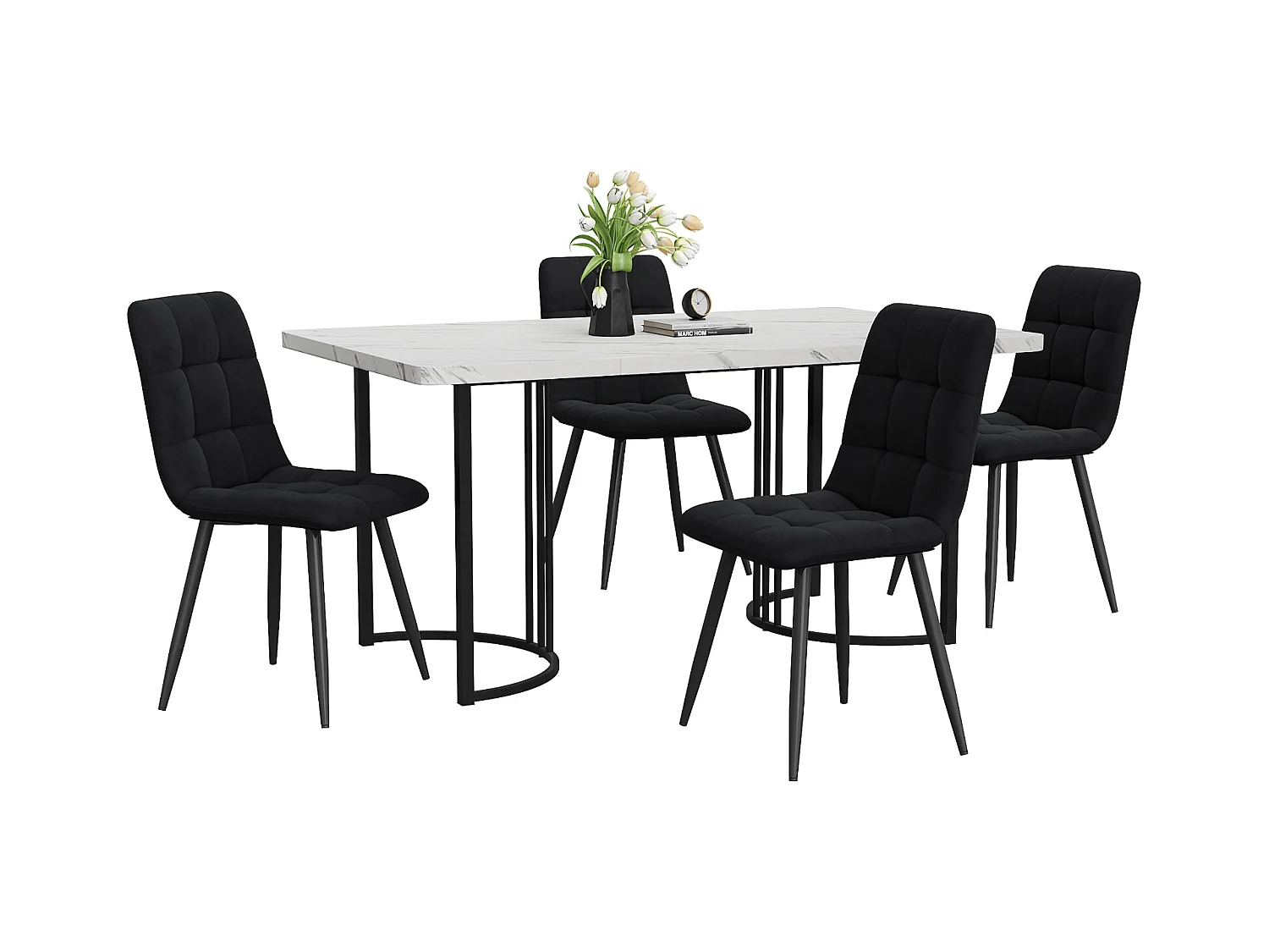 Conjunto de comedor de 5 piezas: mesa de 140×80 cm con tablero de MDF blanco y patas de metal negro + 4 sillas de terciopelo negro, diseño moderno.