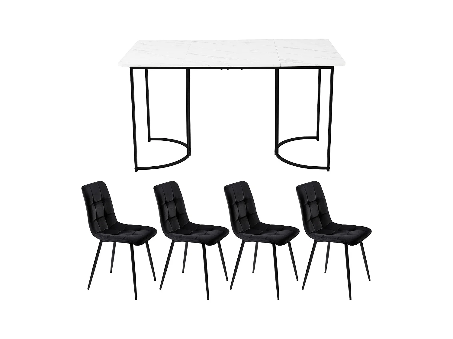 Conjunto de comedor de 5 piezas: mesa de 140×80 cm con tablero de MDF blanco y patas de metal negro + 4 sillas de terciopelo negro, diseño moderno.