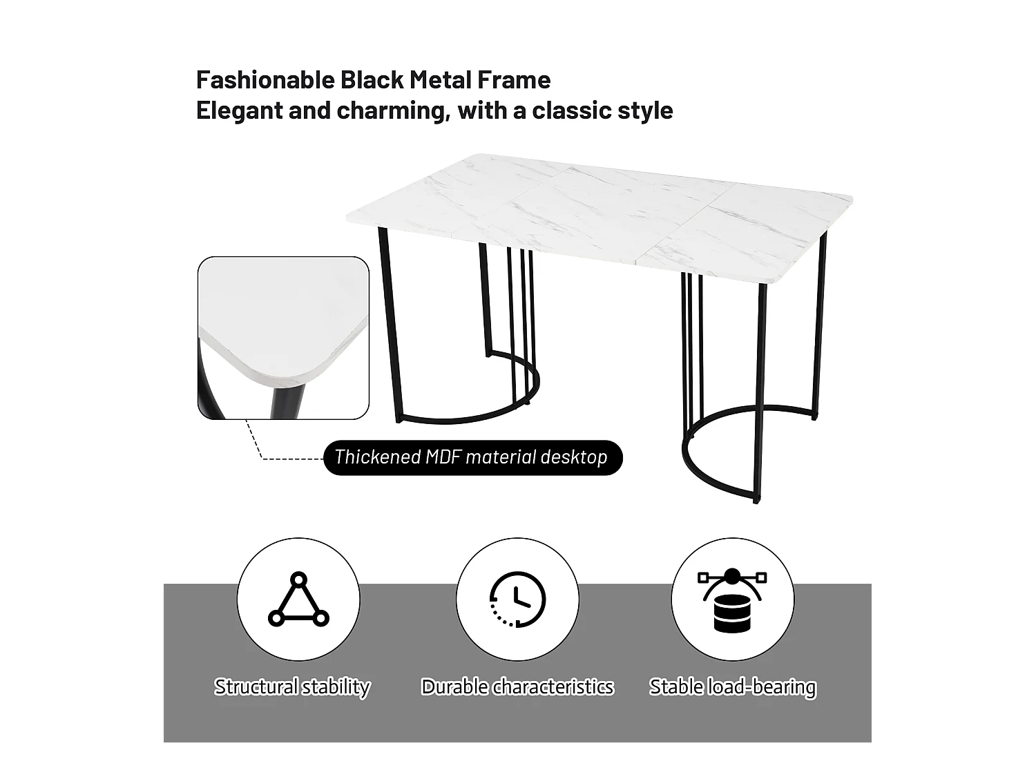 Conjunto de comedor de 5 piezas: mesa de 140×80 cm con tablero de MDF blanco y patas de metal negro + 4 sillas de terciopelo negro, diseño moderno.