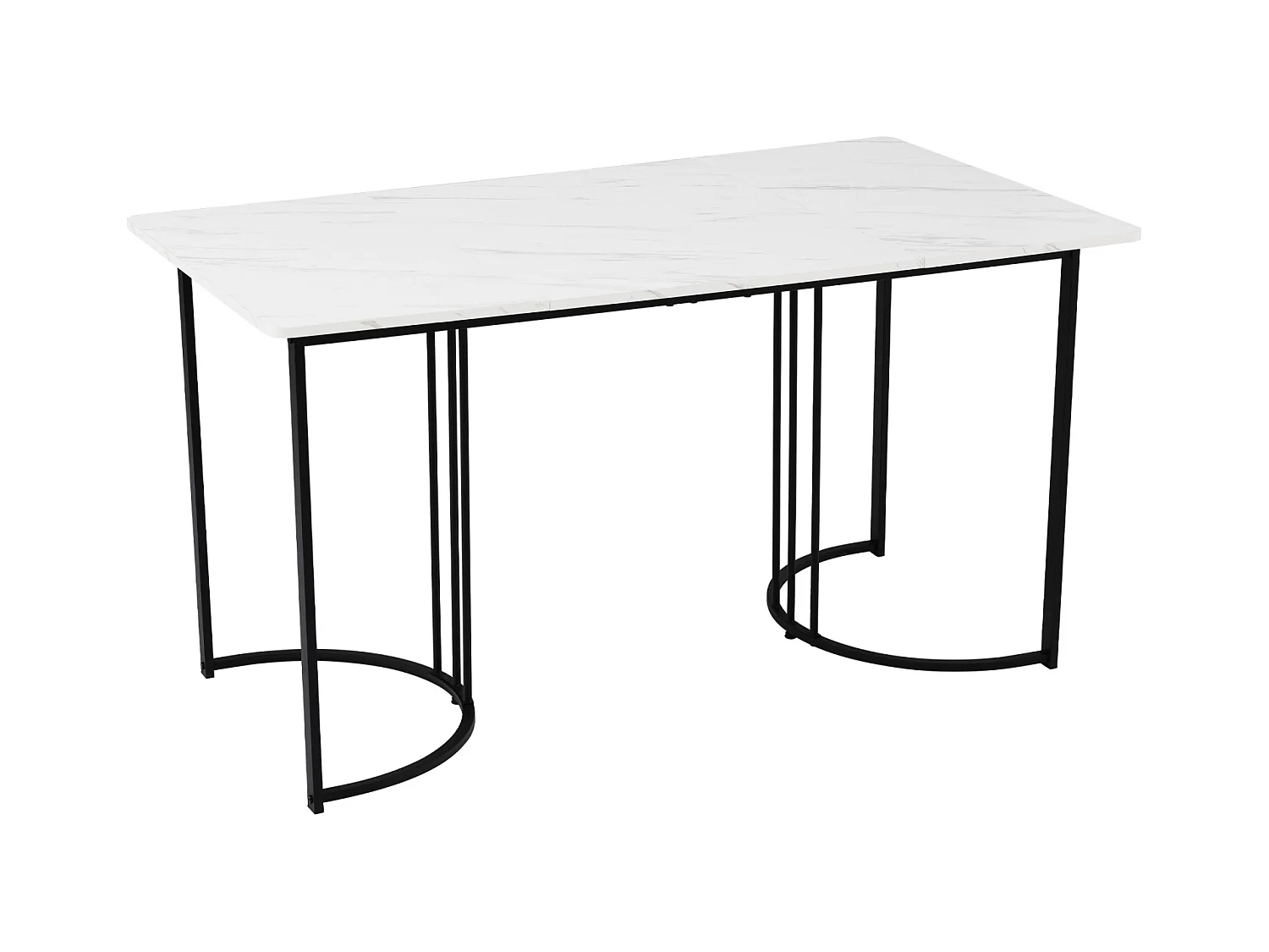Conjunto de comedor de 5 piezas: mesa de 140×80 cm con tablero de MDF blanco y patas de metal negro + 4 sillas de terciopelo negro, diseño moderno.