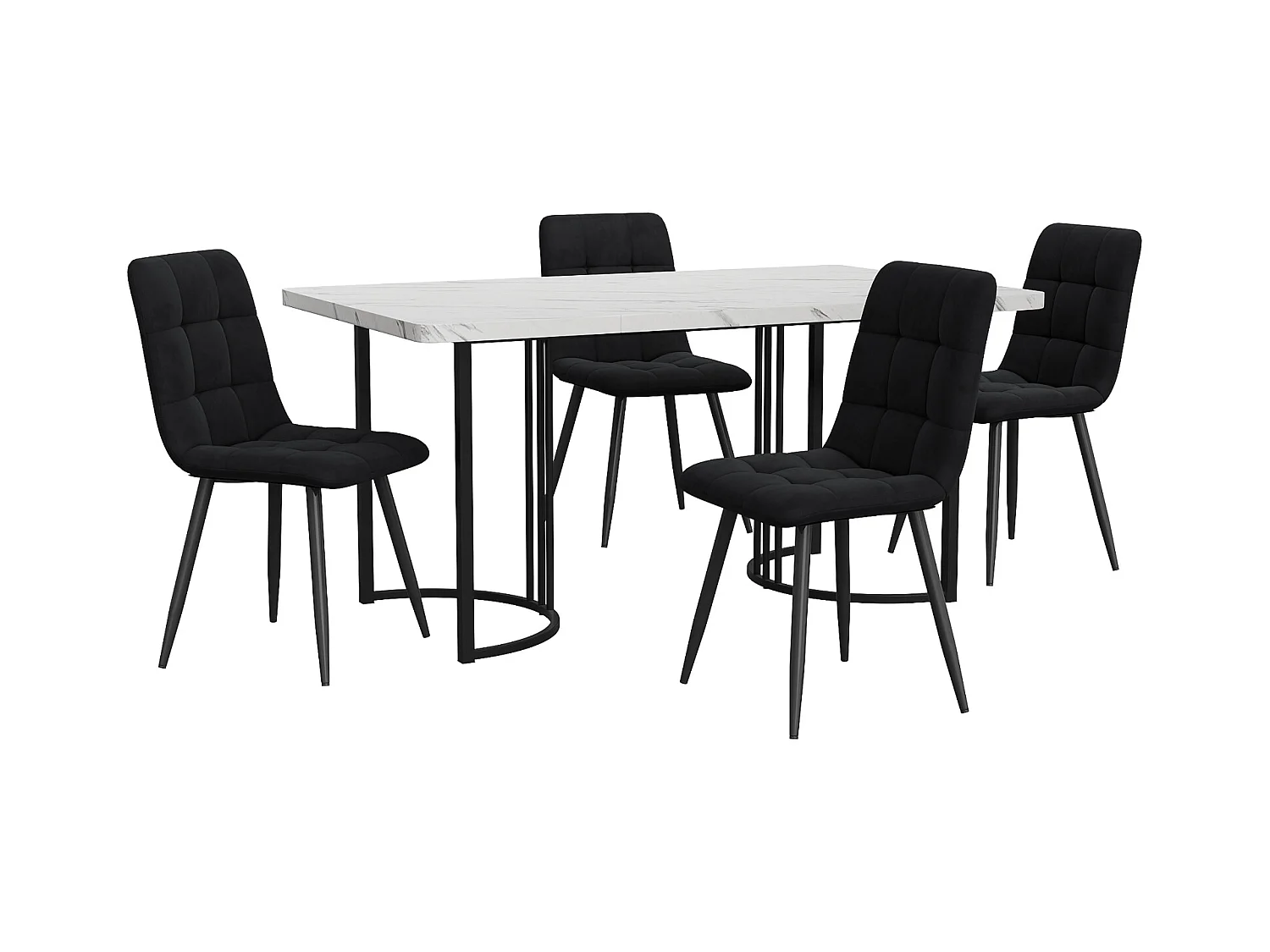 Ensemble Salle à Manger 5 Pièces – Table 140×80 cm Plateau MDF Blanc avec Pieds Métal Noirs + 4 Chaises en Velours Noir, Design Moderne