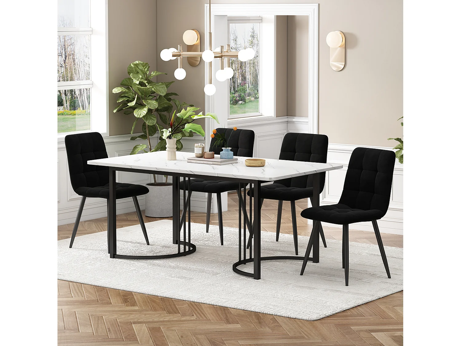 Ensemble Salle à Manger 5 Pièces – Table 140×80 cm Plateau MDF Blanc avec Pieds Métal Noirs + 4 Chaises en Velours Noir, Design Moderne