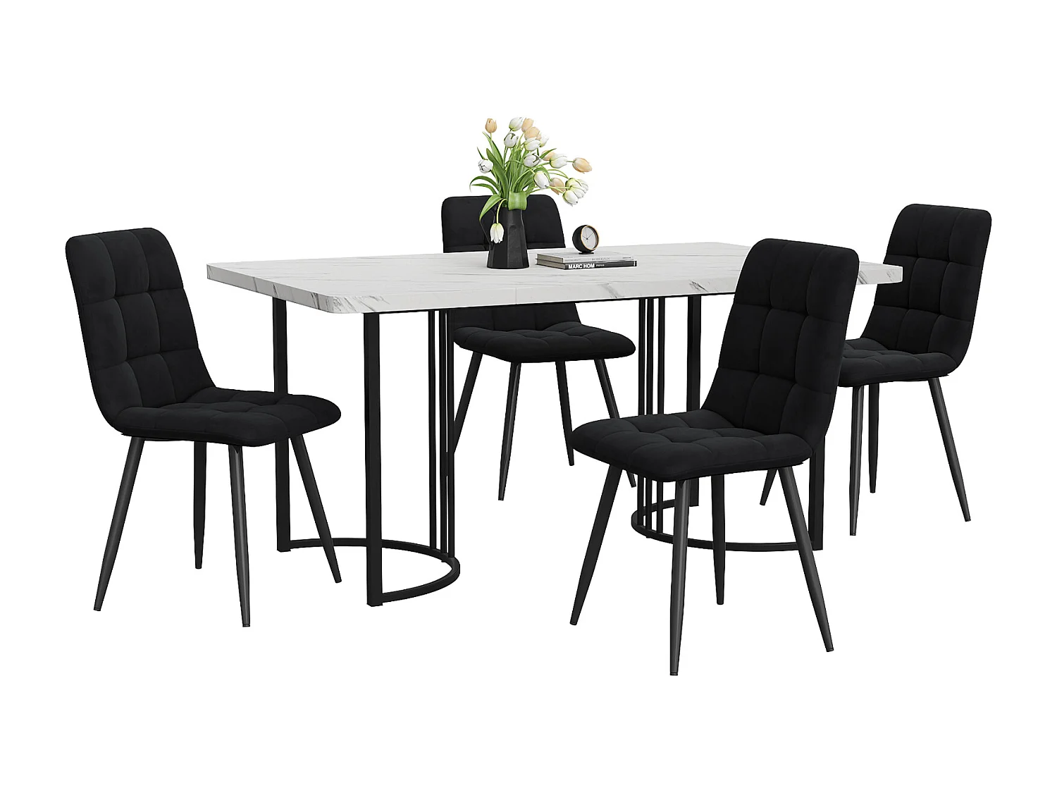Ensemble Salle à Manger 5 Pièces – Table 140×80 cm Plateau MDF Blanc avec Pieds Métal Noirs + 4 Chaises en Velours Noir, Design Moderne
