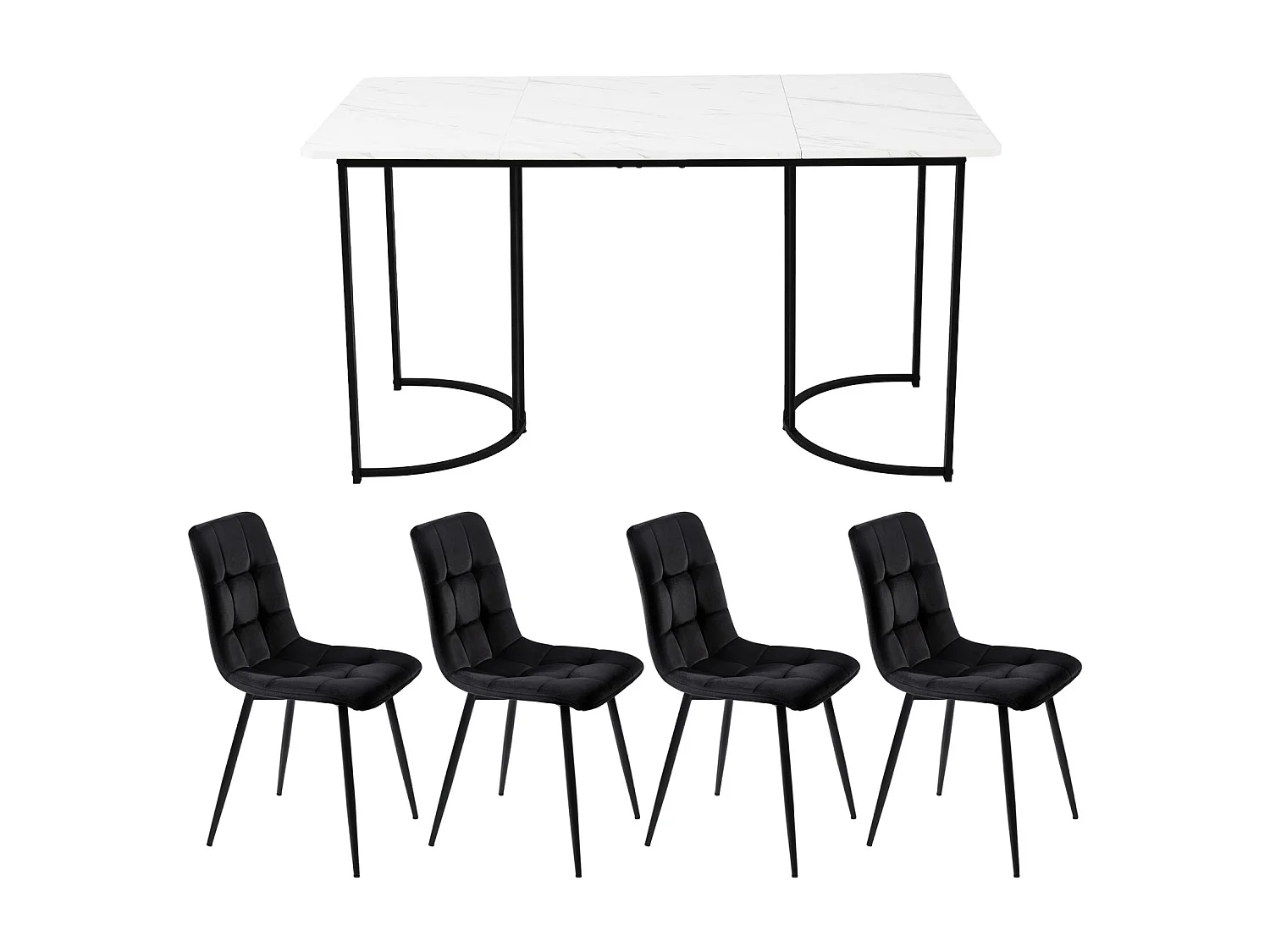 Ensemble Salle à Manger 5 Pièces – Table 140×80 cm Plateau MDF Blanc avec Pieds Métal Noirs + 4 Chaises en Velours Noir, Design Moderne