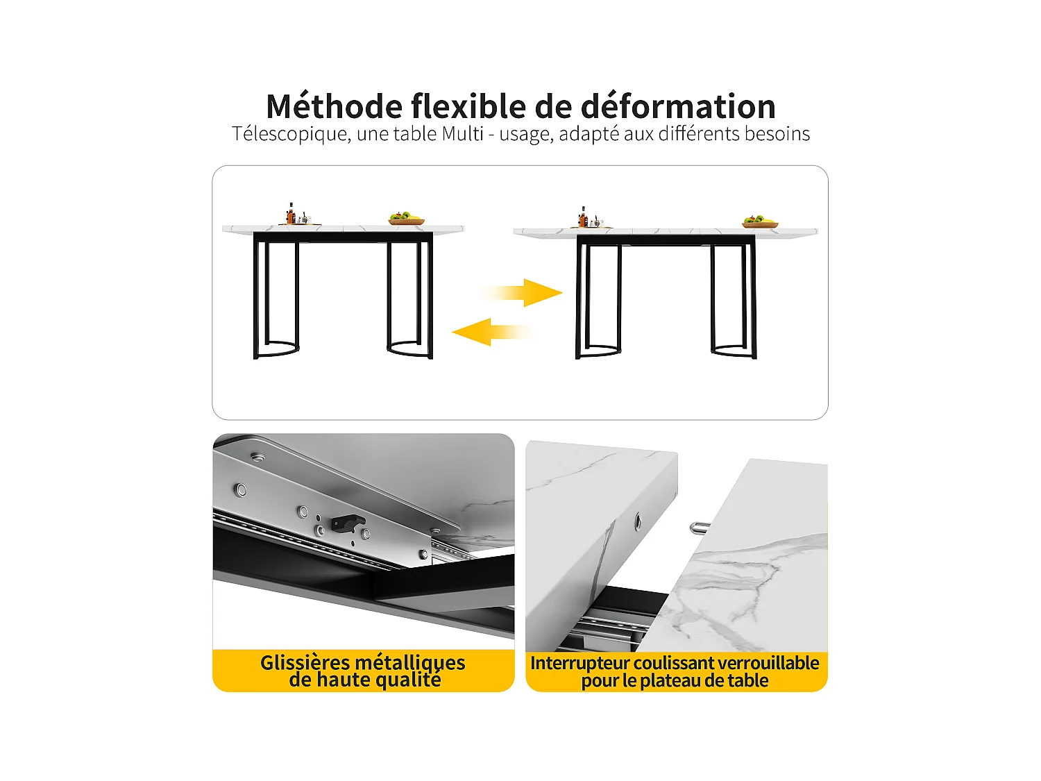 Conjunto de comedor de 5 piezas: mesa rectangular extensible de 140×80 cm con estructura de metal y 4 sillas de terciopelo negro, diseño moderno.