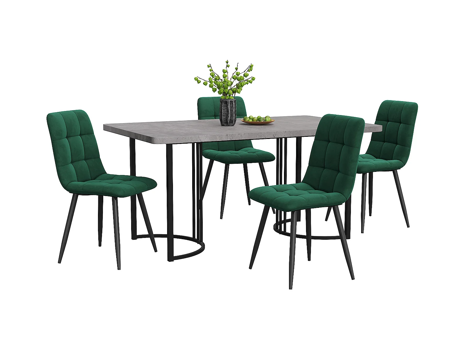 Conjunto de comedor de 5 piezas: mesa de 140×80 cm con tablero de MDF gris y patas de metal negro + 4 sillas de terciopelo verde oscuro, diseño moderno.