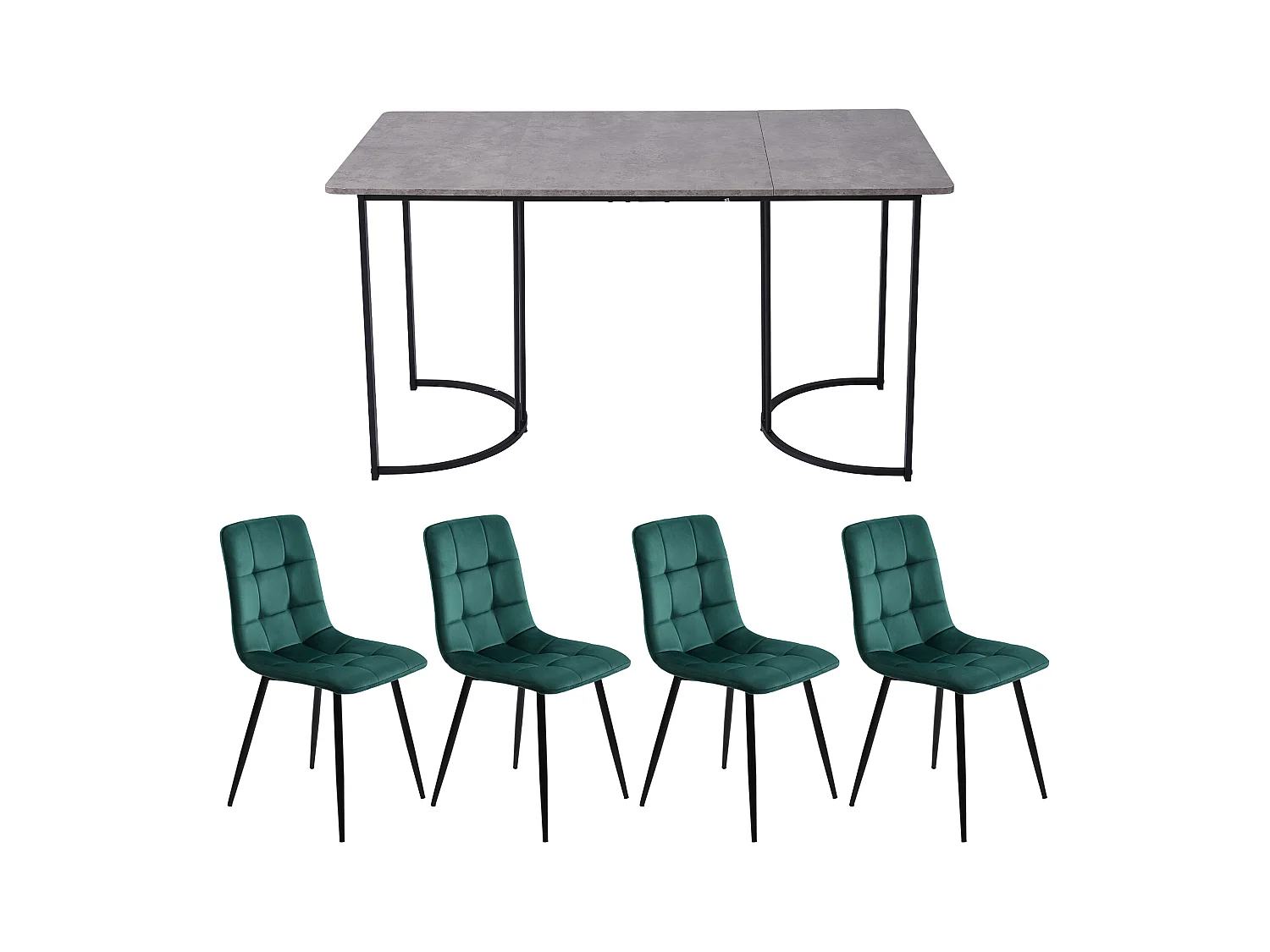 Ensemble Salle à Manger 5 Pièces – Table 140×80 cm Plateau MDF Gris avec Pieds Métal Noirs + 4 Chaises en Velours Vert Foncé, Design Moderne