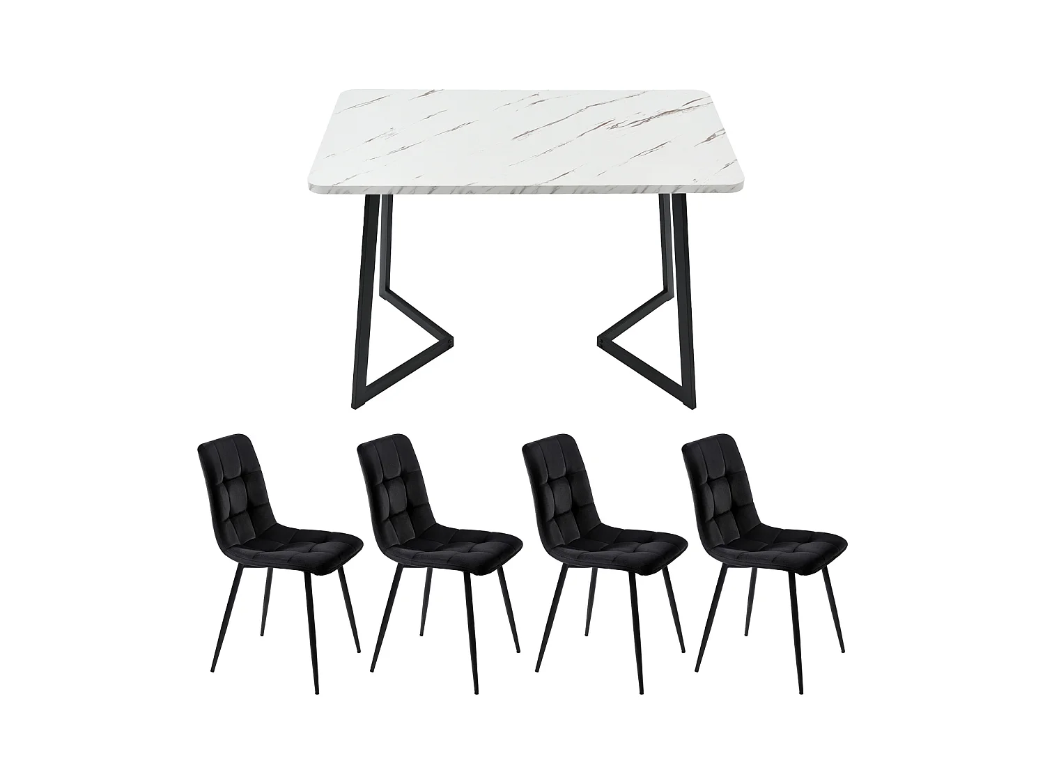 Conjunto de comedor de 5 piezas: Mesa rectangular moderna con tablero de MDF + 4 sillas de terciopelo negro, patas negras resistentes