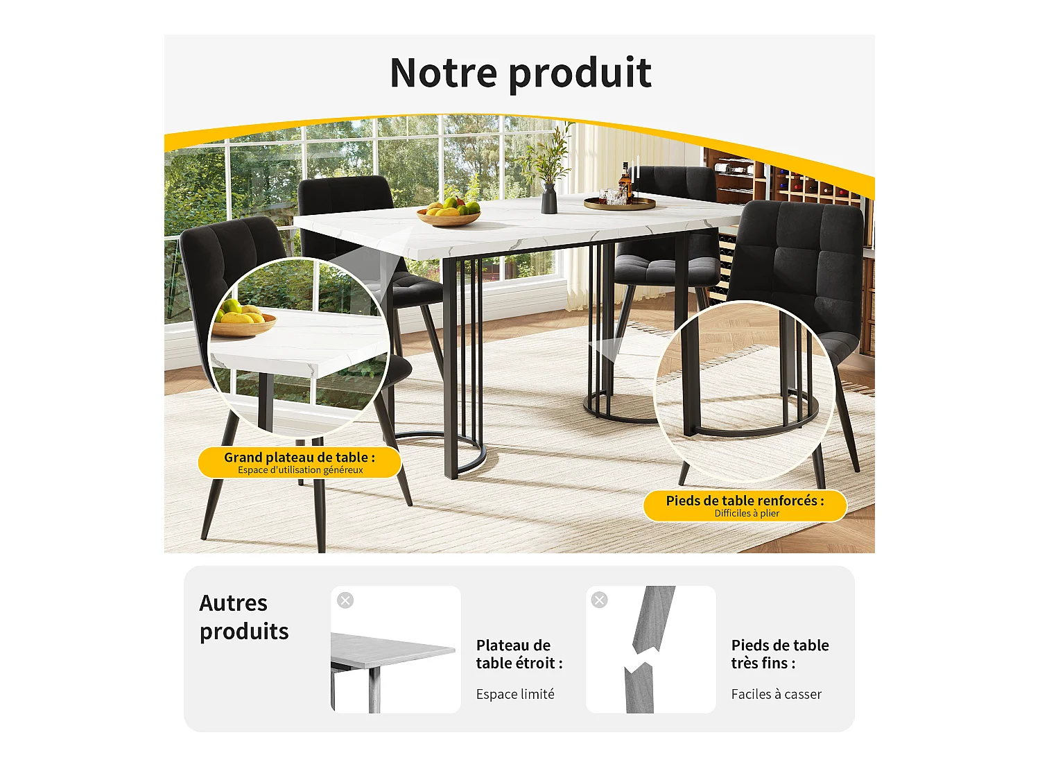 Set da pranzo da 9 pezzi: tavolo allungabile rettangolare 140×80 cm con 8 sedie in velluto nero, struttura in metallo, design moderno per 8 persone